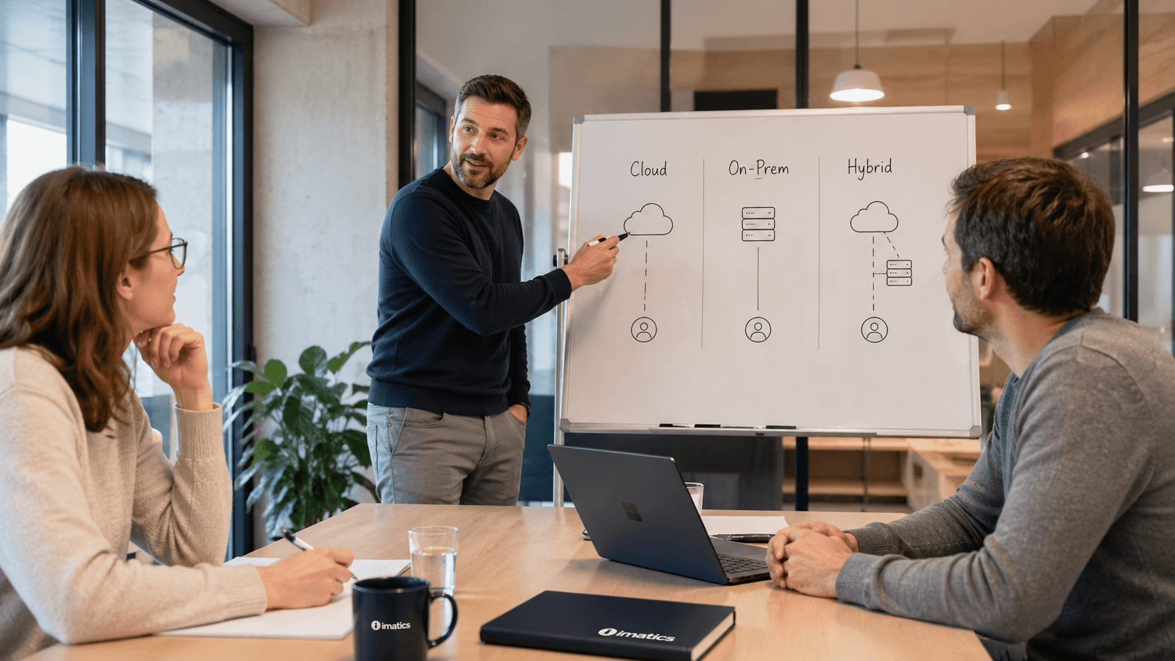 Man explaining on a whiteboard Cloud vs. On-Prem vs. Hybrid